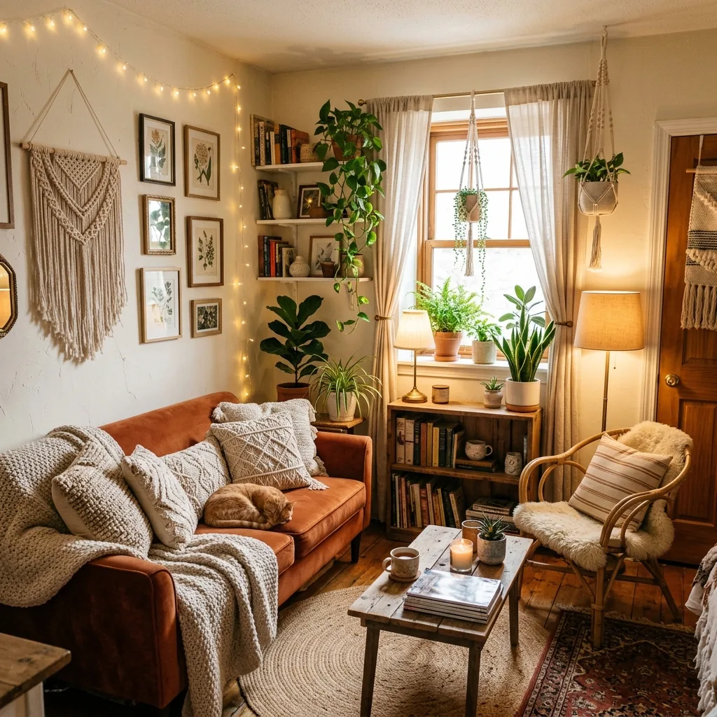 Small apartment boho living room with plants and warm tones